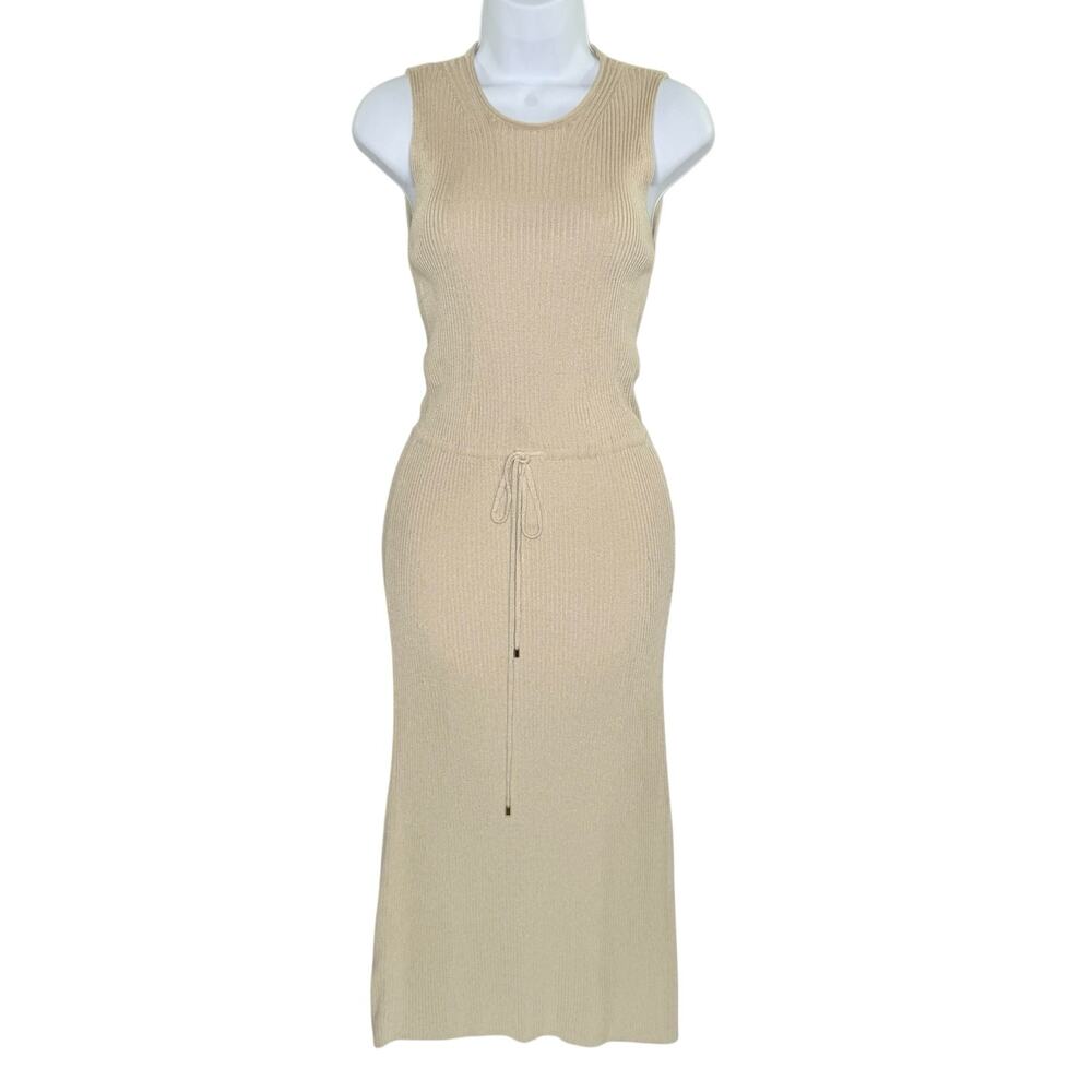 Massimo Dutti Sweater Knit Dress XS Drawstring Waist Beige Quiet Luxury